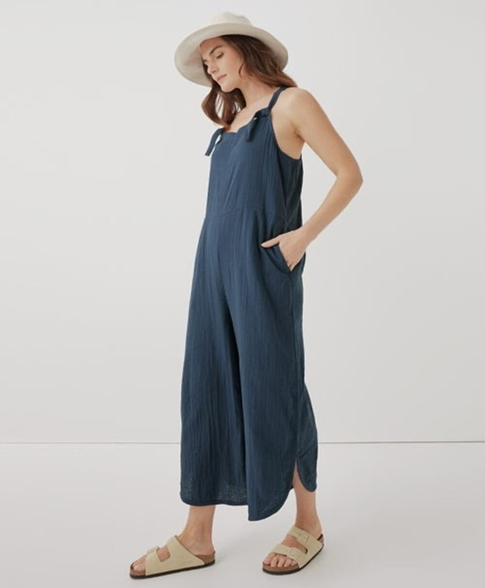 PACT Women’s Coastal Double Gauze Tie-Strap Jumpsuit Size M French Navy